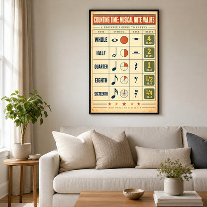 Counting Time Musical Note Values Poster, Kids Rhythm Chart
