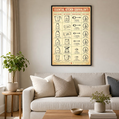 Kitchen Equivalents Chart Poster, Baking Conversion Art