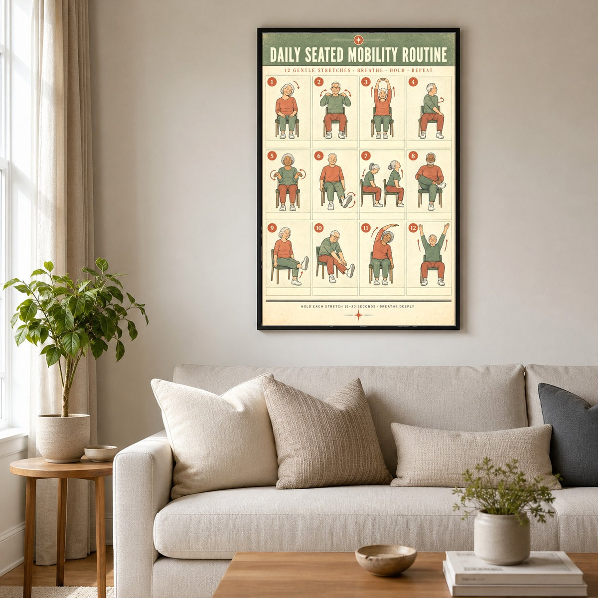 Daily Seated Mobility Routine Poster, Chair Exercise Art for Seniors