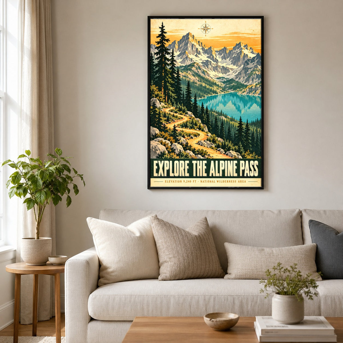 Alpine Pass Vintage Travel Poster, Mountain Landscape Art