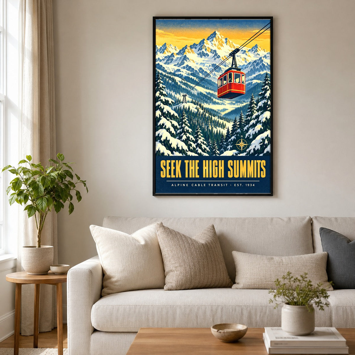 Alpine Tramway Winter Vista Art Poster, Seek the High Summits