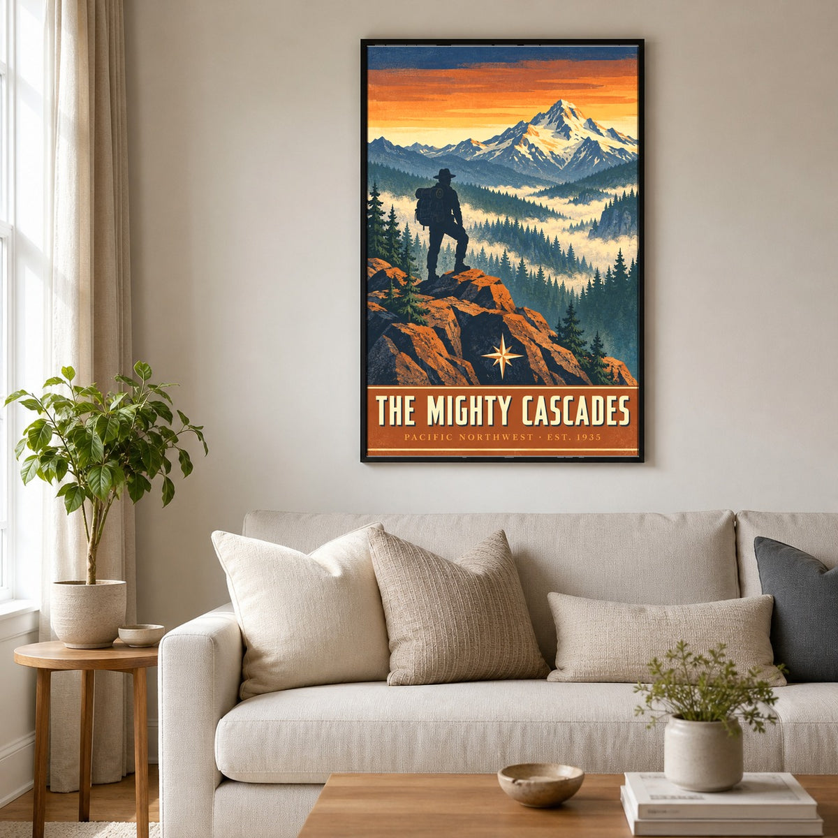 The Mighty Cascades Poster, Vintage Alpine Explorer Wall Art