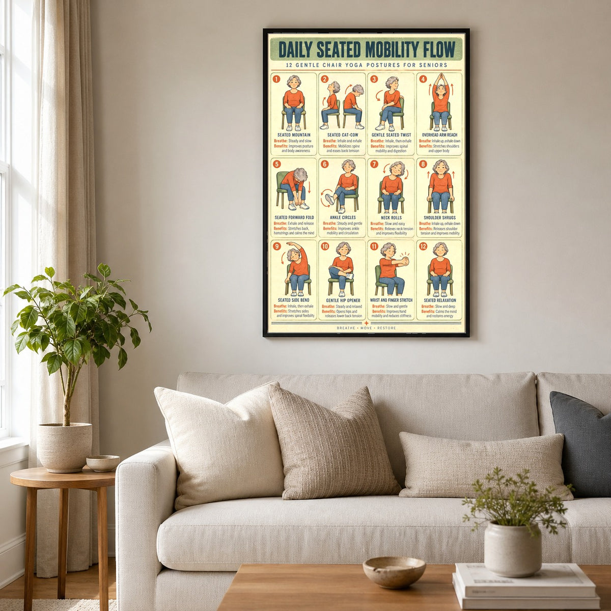 Chair Yoga for Seniors Poster, Daily Seated Mobility Flow Art