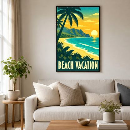 Beach Vacation Vintage Travel Poster, Retro Tropical Wall Art