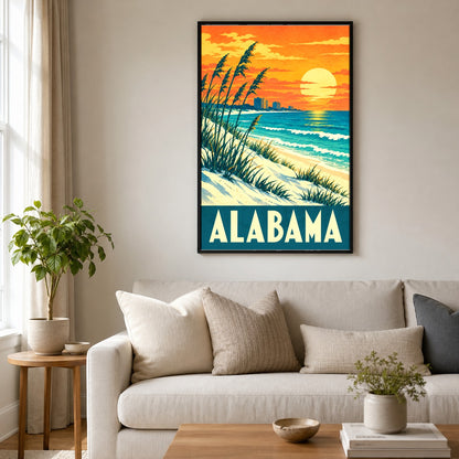 Alabama Vintage Beach Travel Poster, Retro Coastal Dunes Art Print