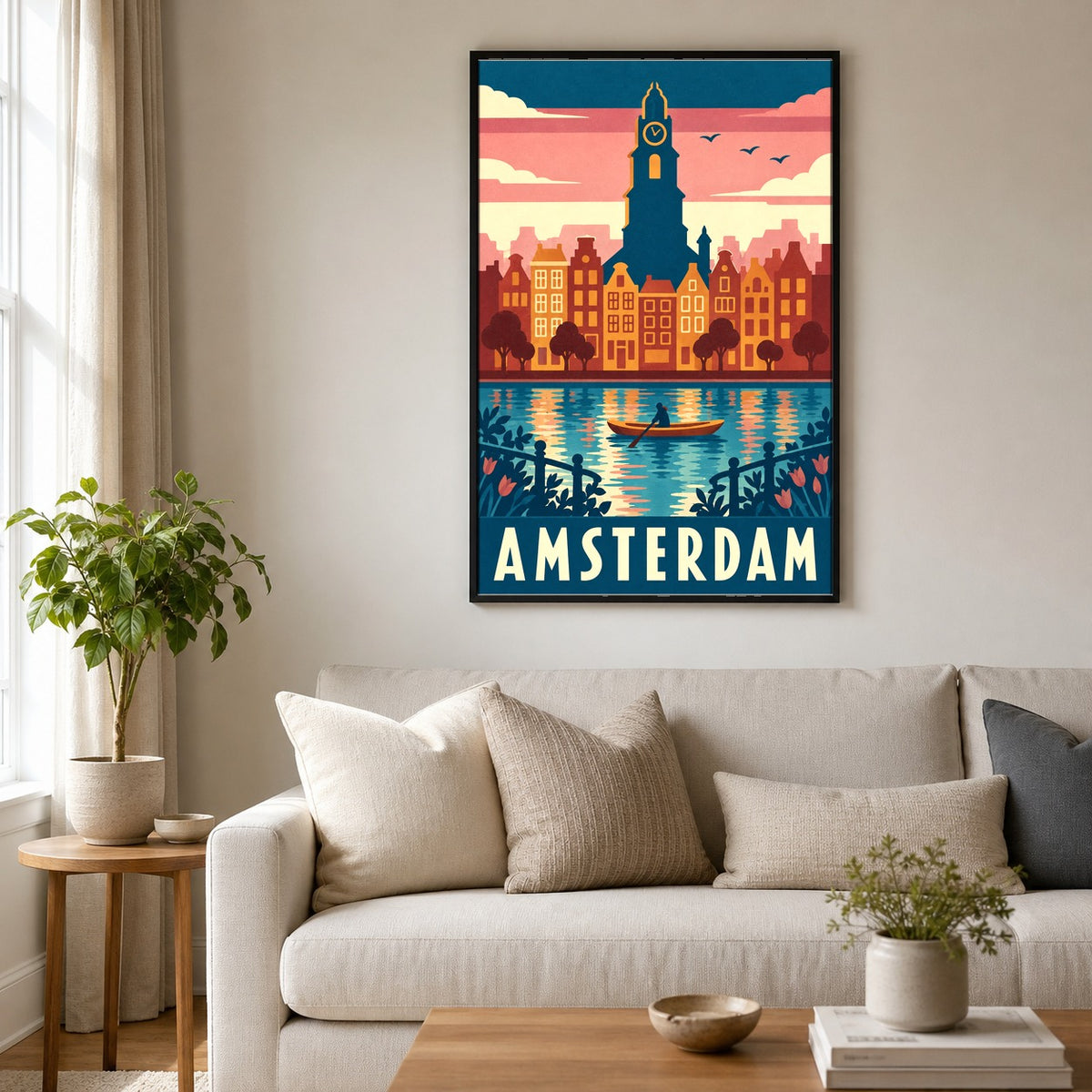 Amsterdam Travel Poster, Retro Netherlands Canal City Skyline Wall Art