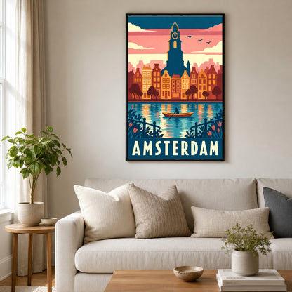 Amsterdam Travel Poster, Retro Netherlands Canal City Skyline Wall Art