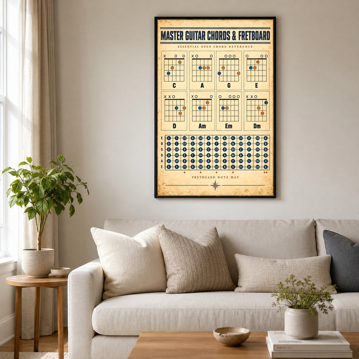 Guitar Chords and Fretboard Chart Poster, Music Reference Art