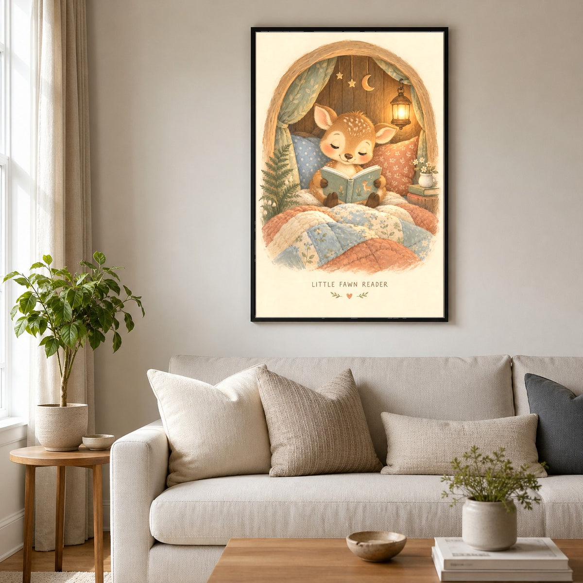 Little Fawn Reader Nursery Wall Poster, Bedtime Story Art Print