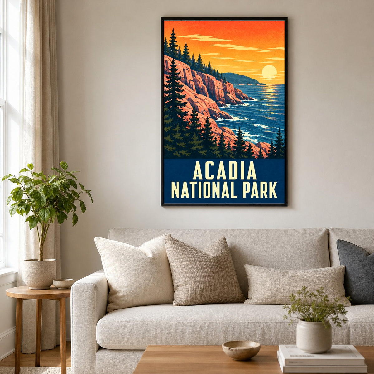 Acadia National Park Vintage Travel Art Poster, Maine Coastal Print