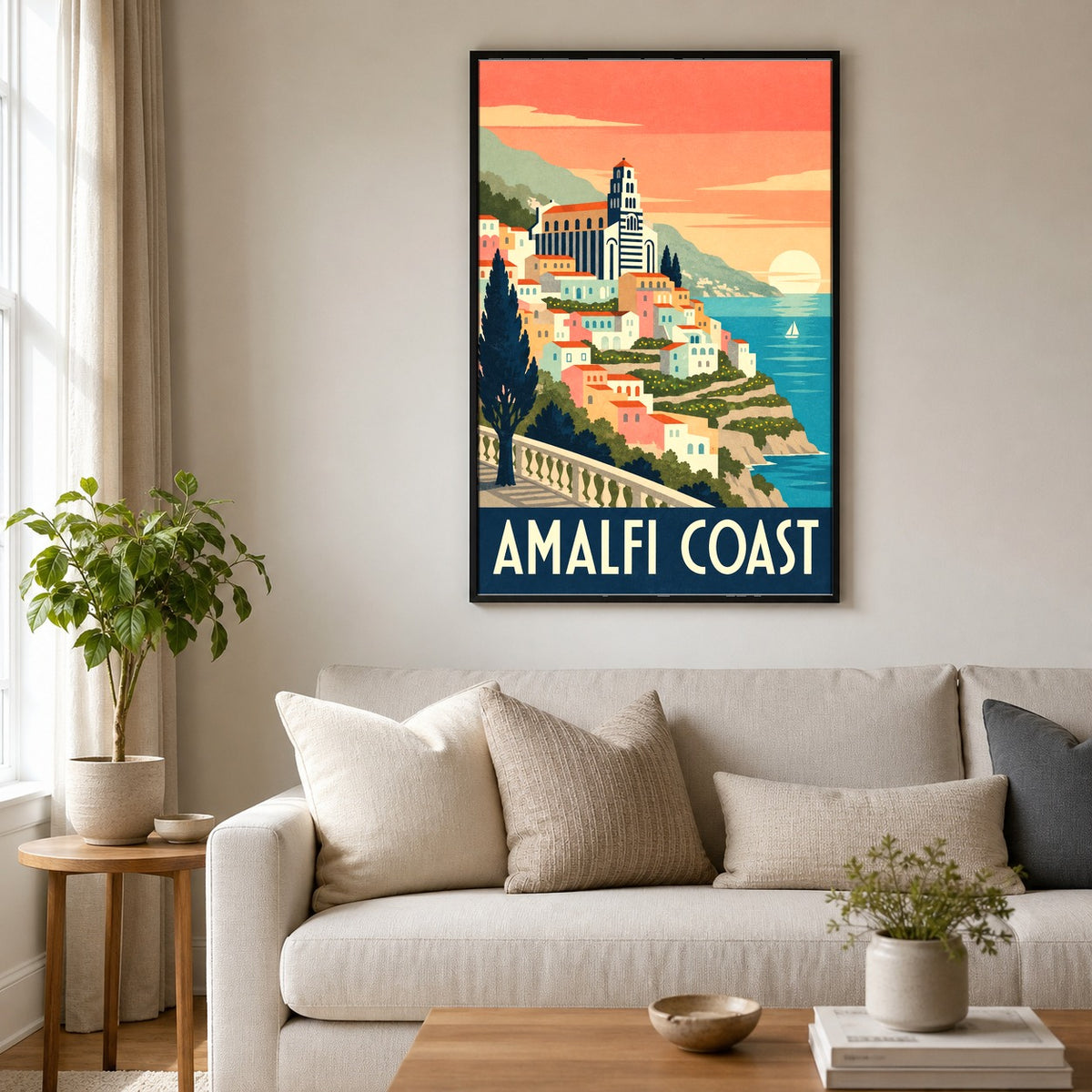 Amalfi Coast Vintage Travel Poster, Italy Coastal Wall Art