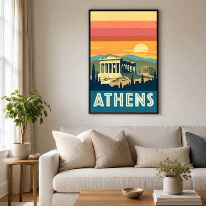 Athens Greece Vintage Travel Poster, Retro Acropolis Wall Art