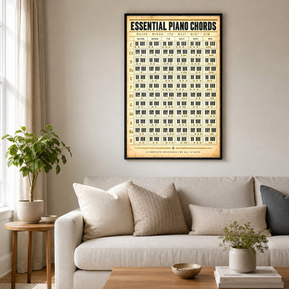 Essential Piano Chords Reference Chart Poster, Music Studio Wall Art