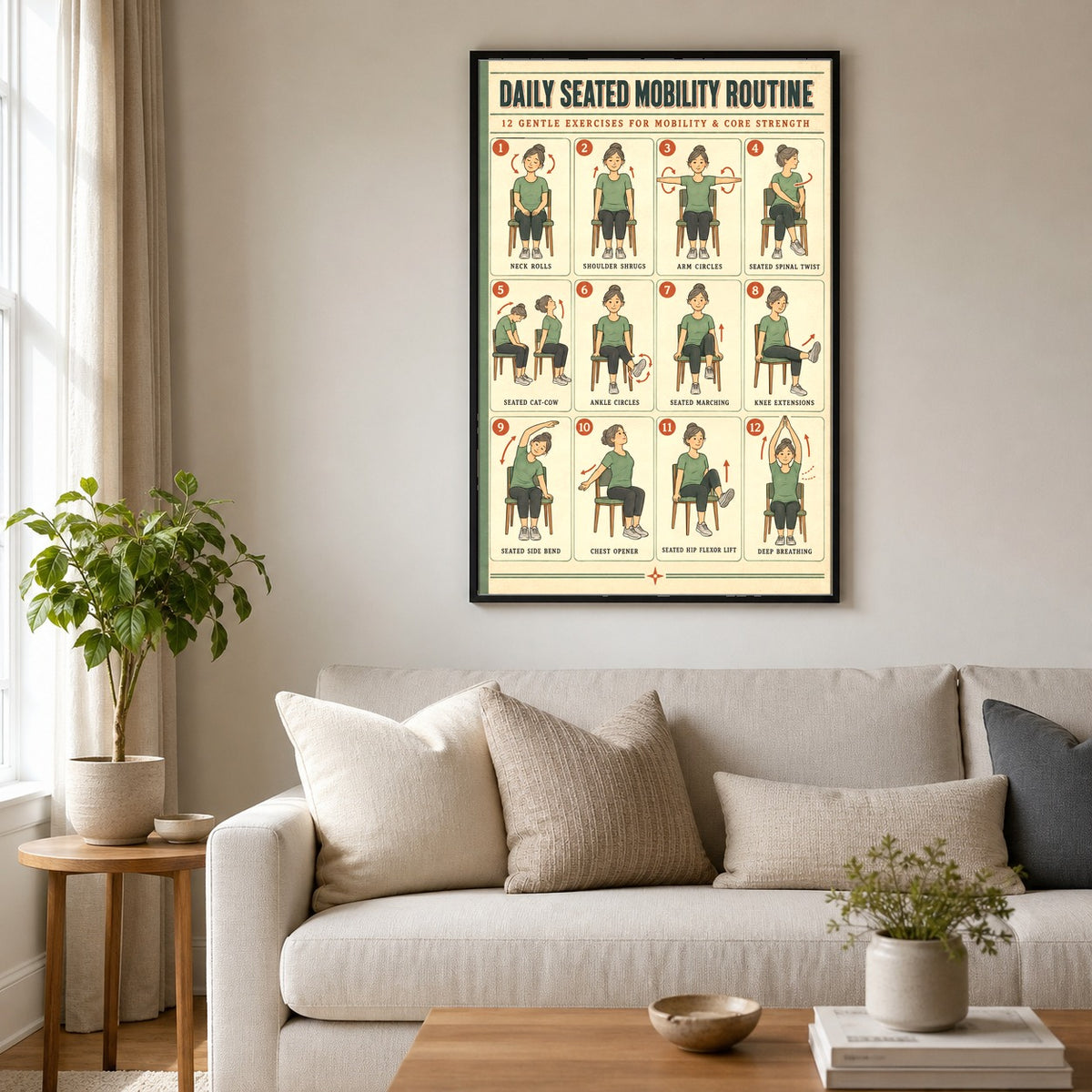 Seated Mobility Routine Chart Poster, Daily Chair Exercise Art