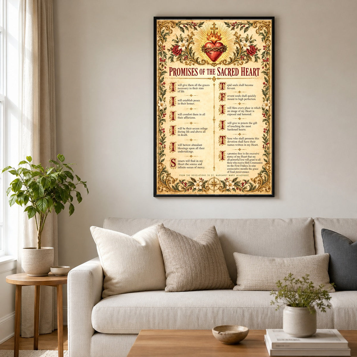 Sacred Heart Twelve Promises Broadside Poster, Catholic Devotional Art