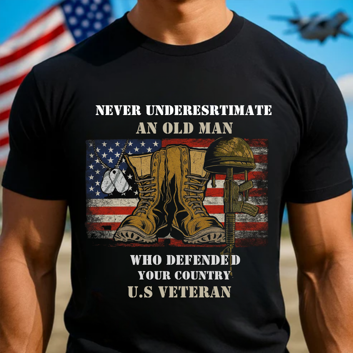 "Never Underestimate an Old Man"– Military Boots and Flag Graphic Tee, Old Man Warrior Pride Gift