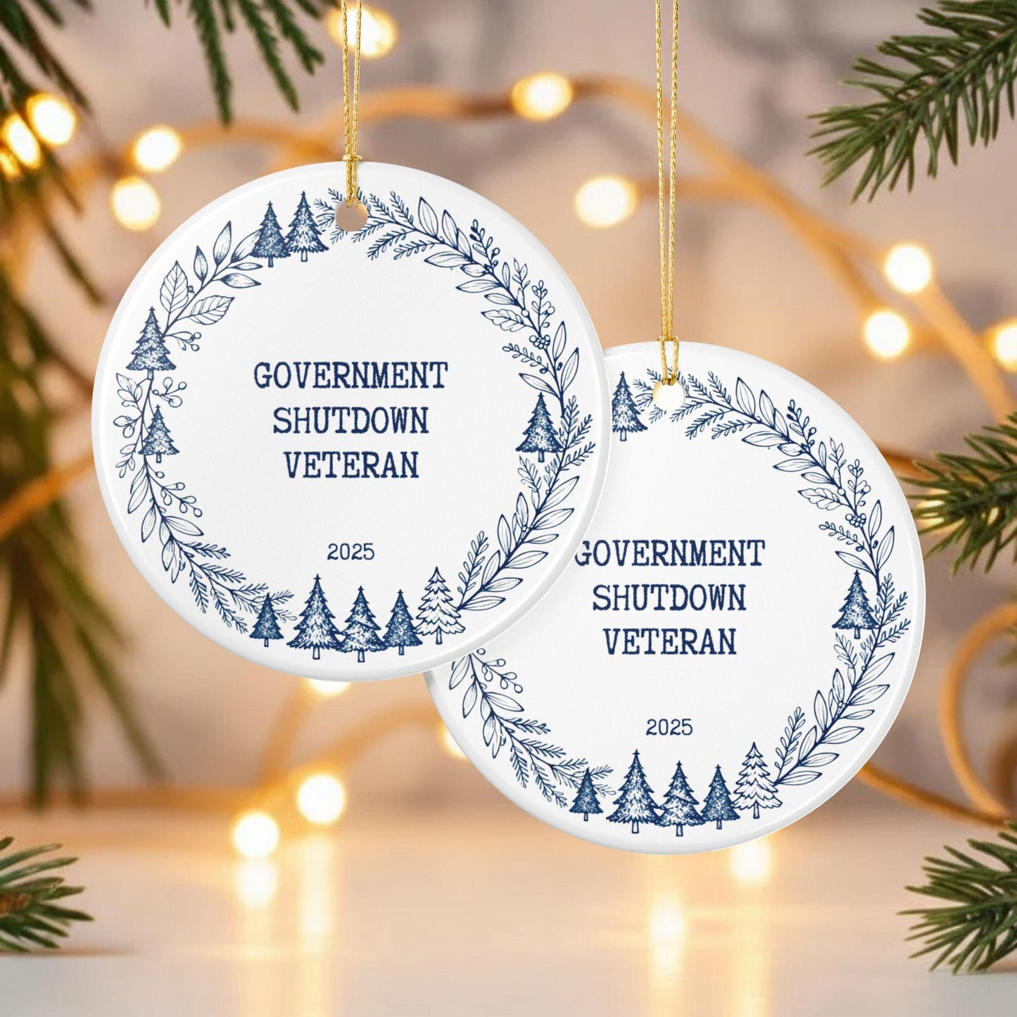 Government Shutdown Veteran Ornament 2025 – Funny Christmas Ceramic Keepsake, Gift for Veterans Christmas Day