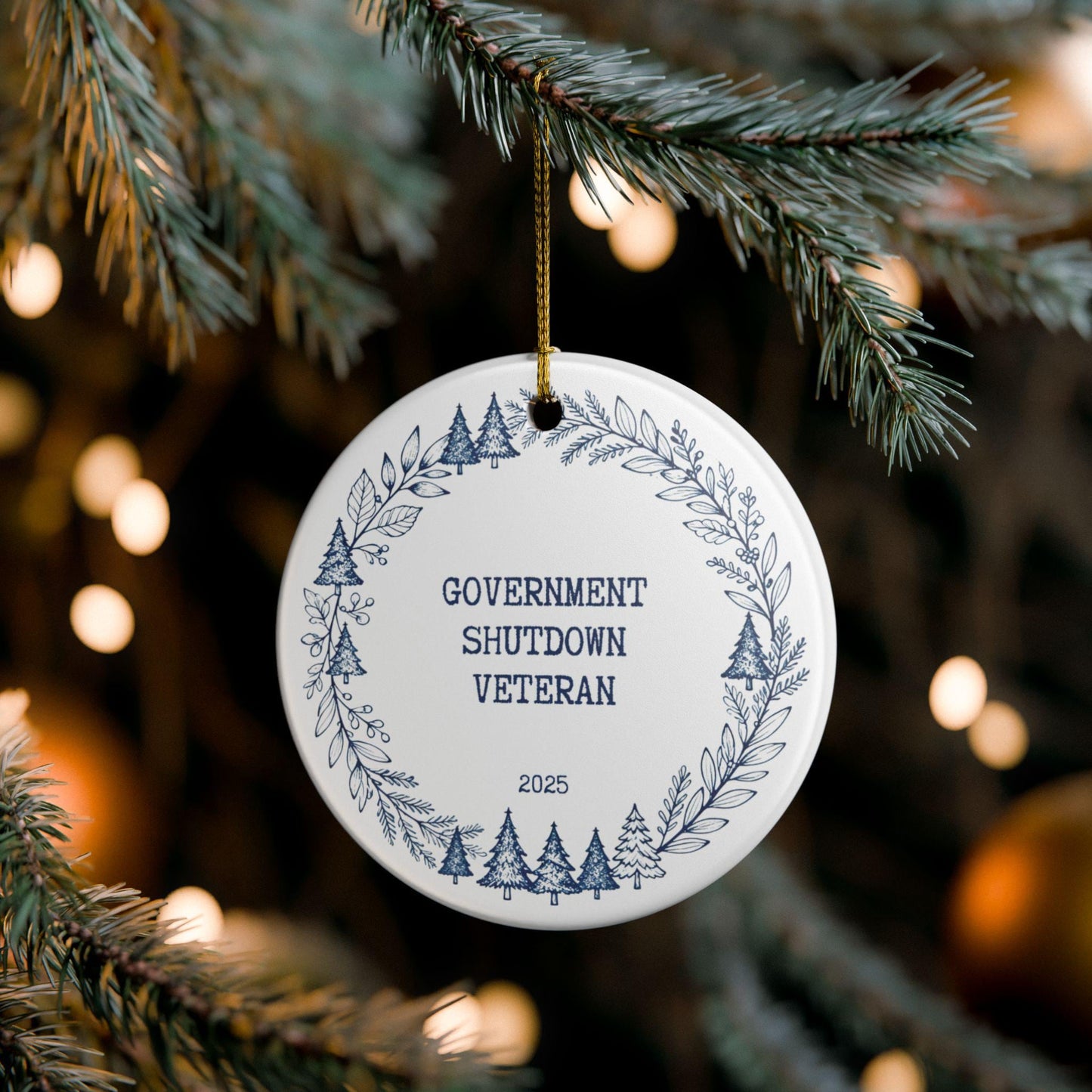 Government Shutdown Veteran Ornament 2025 – Funny Christmas Ceramic Keepsake, Gift for Veterans Christmas Day