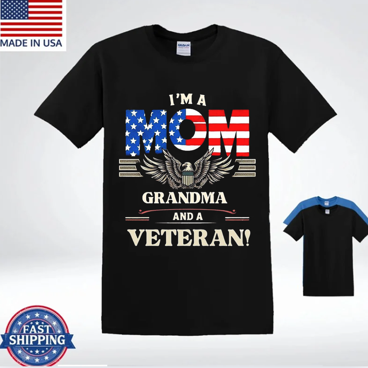 Proud Mom Grandma and Veteran T-Shirt, Patriotic American Flag Eagle Tee for Women