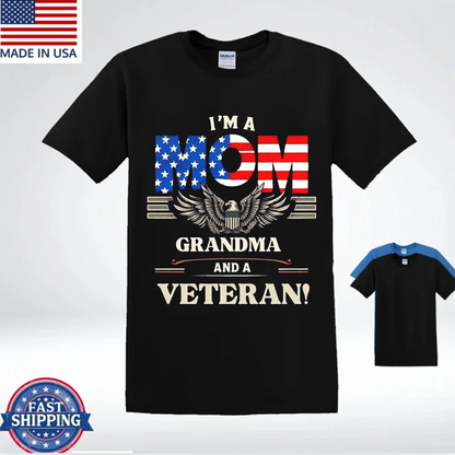 Proud Mom Grandma and Veteran T-Shirt, Patriotic American Flag Eagle Tee for Women