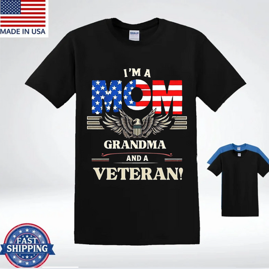 Proud Mom Grandma and Veteran T-Shirt, Patriotic American Flag Eagle Tee for Women