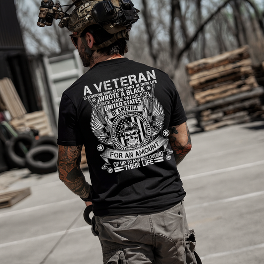 Veteran Military Graphic T-Shirt – Patriotic Skull Helmet and Wings Design with USA Emblem, Black and White Print, Honor and Sacrifice Quote, Casual Veteran Pride Shirt for Men