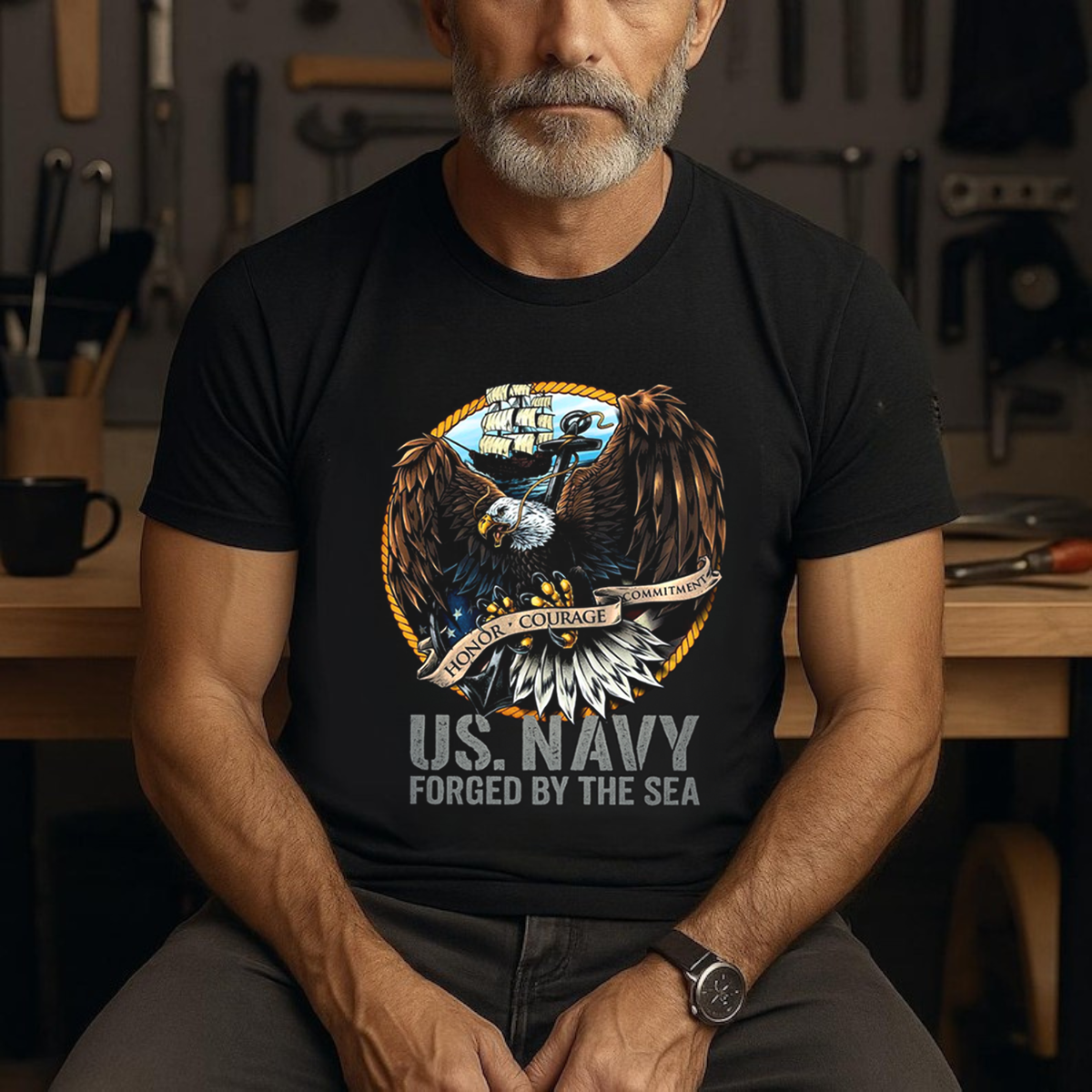 US Navy Veteran T-Shirt – Eagle Anchor Flag Graphic Tee – Honor Courage Commitment Shirt