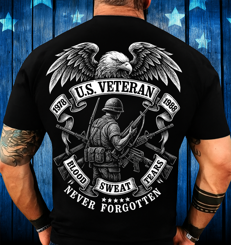 U.S. Veteran Military Tribute T-Shirt – Eagle Soldier Graphic, Blood Sweat Tears Never Forgotten Shirt, Patriotic Gift for Dad & Grandpa