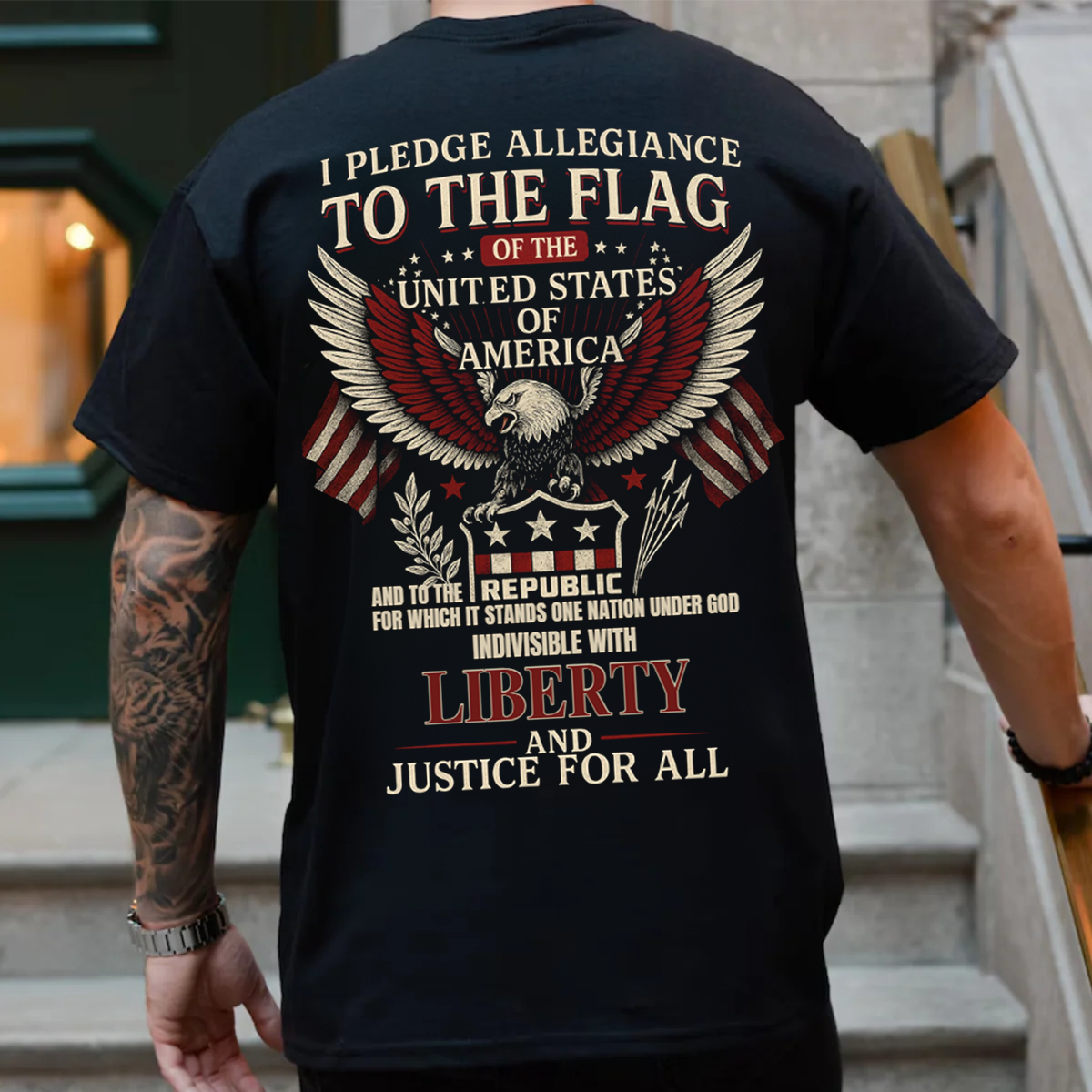 Pledge of Allegiance Bold Eagle & American Flag T-Shirt, Liberty & Justice for All, American Patriot Veteran