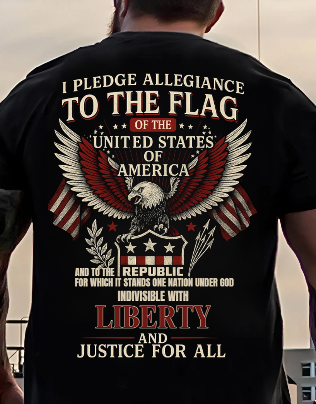 Pledge of Allegiance Bold Eagle & American Flag T-Shirt, Liberty & Justice for All, American Patriot Veteran
