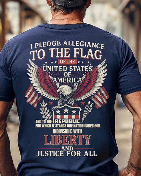 Pledge of Allegiance Bold Eagle & American Flag T-Shirt, Liberty & Justice for All, American Patriot Veteran