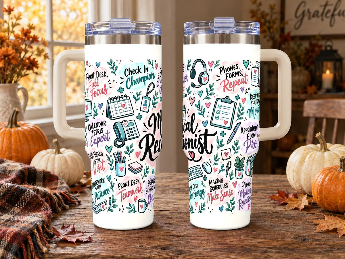Medical Receptionist 40 oz Tumbler with Handle and Straw, Pastel