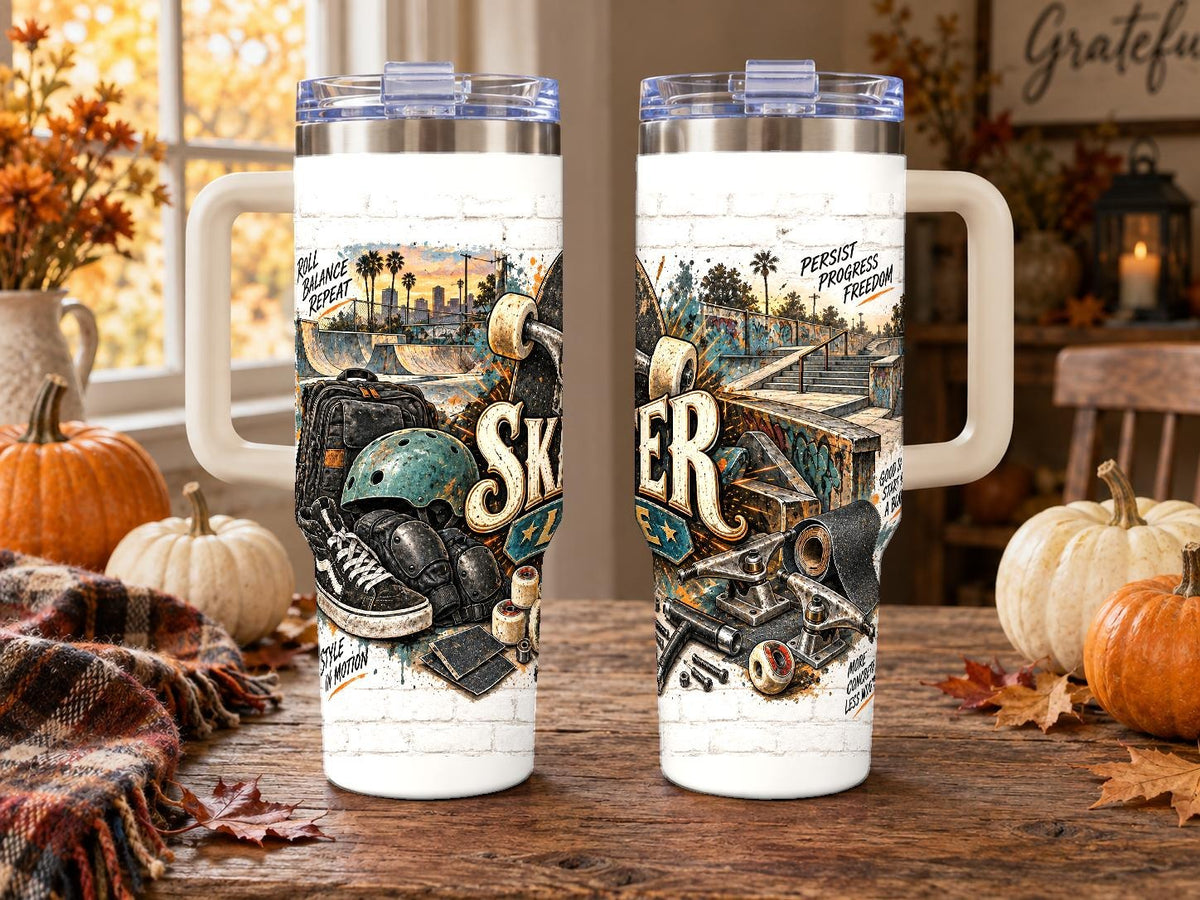 Skateboarding Gear Collage 40 oz Tumbler with Handle and Straw