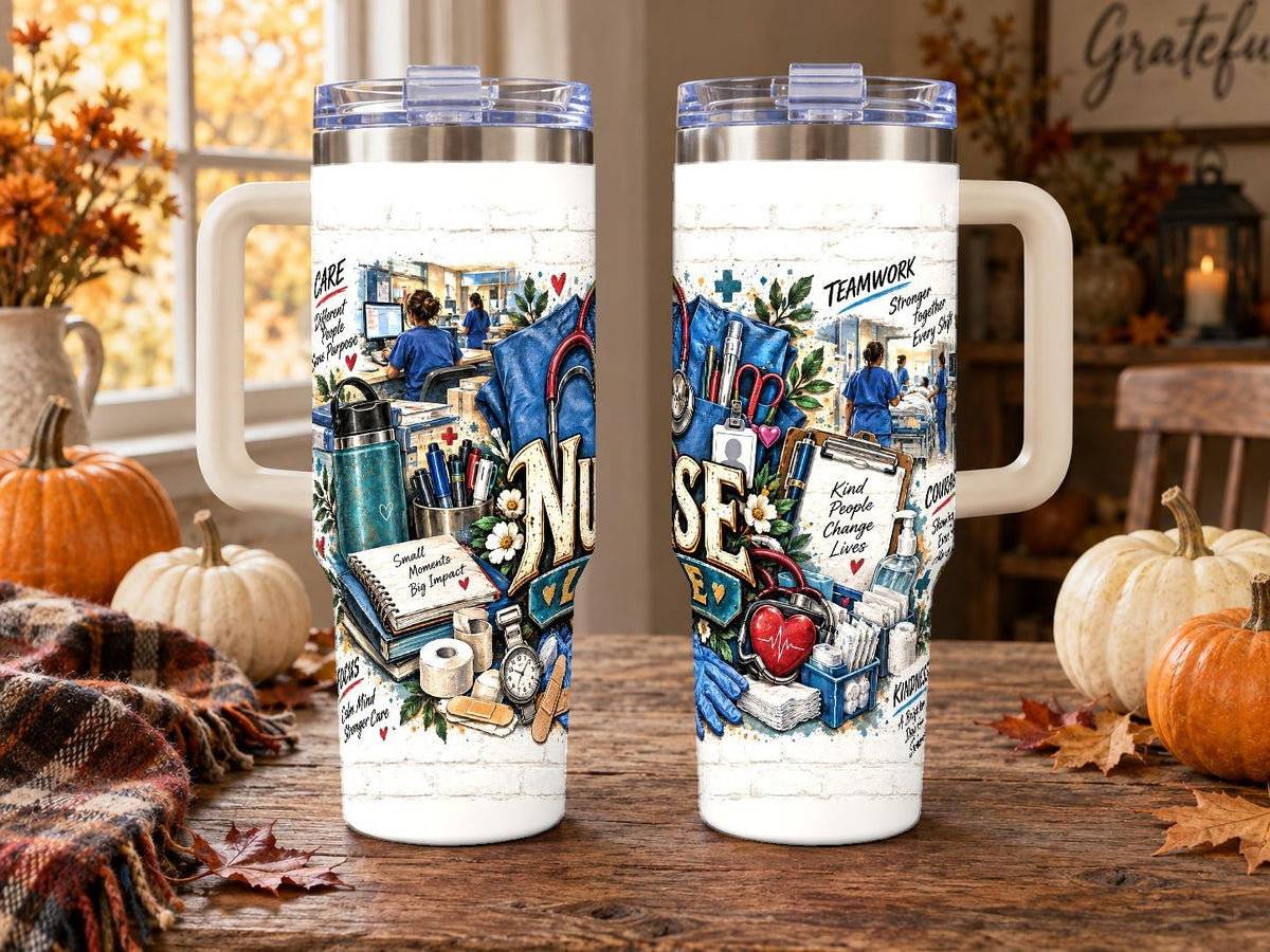 Nurse Essentials Collage 40 oz Tumbler with Handle and Straw