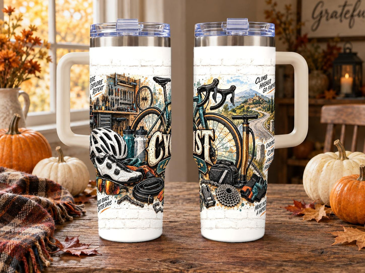 Road Cycling Gear Collage 40 oz Tumbler with Handle and Straw