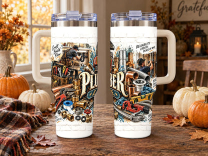 Plumber Tools Collage 40 oz Tumbler, Vintage Workbench Design
