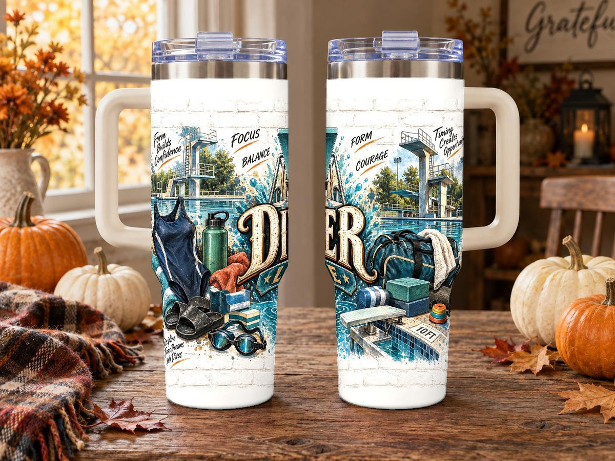Diving Gear Collage 40 oz Tumbler, Vintage Aquatic Design