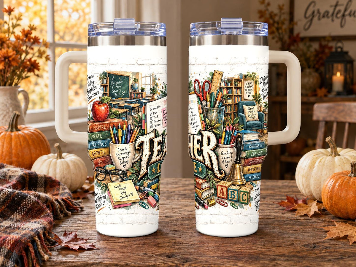 Teacher Classroom Collage 40 oz Tumbler with Handle and Straw