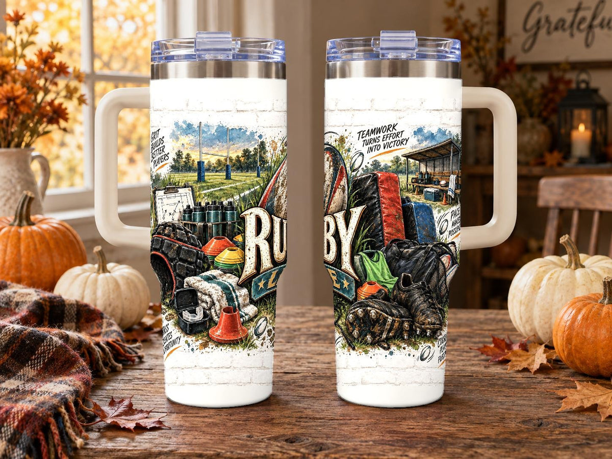 Rugby Gear Collage 40 oz Tumbler, Vintage Sports Equipment Art