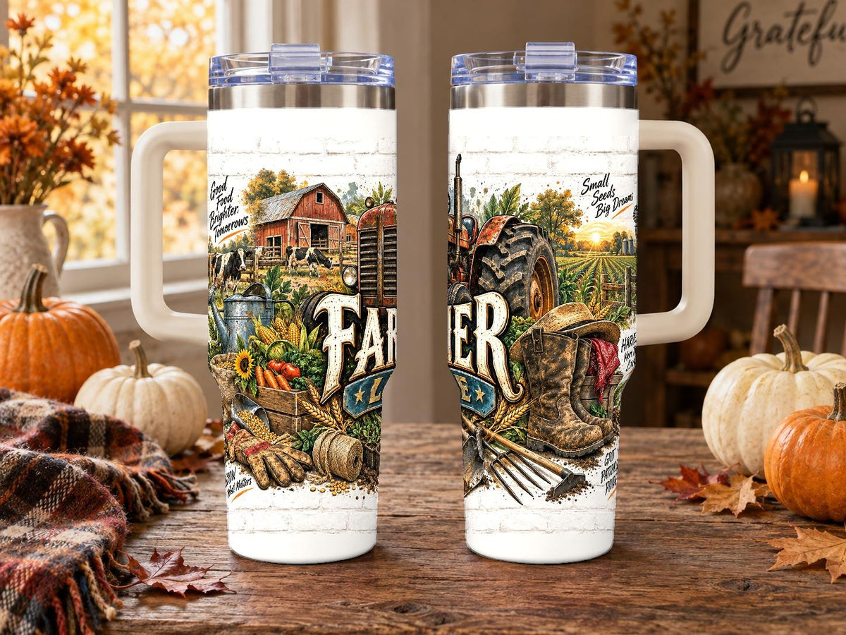 Farmer Tools Collage 40 oz Tumbler with Handle and Straw, Rustic Art