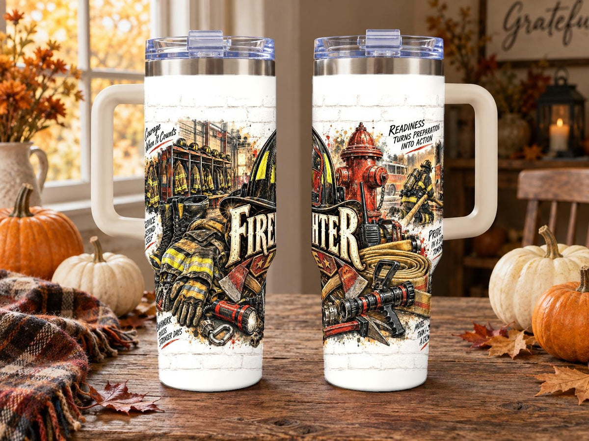 Firefighter Gear Collage 40 oz Tumbler with Handle and Straw