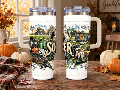 Soccer Gear Collage 40 oz Tumbler with Handle, Reusable Straw