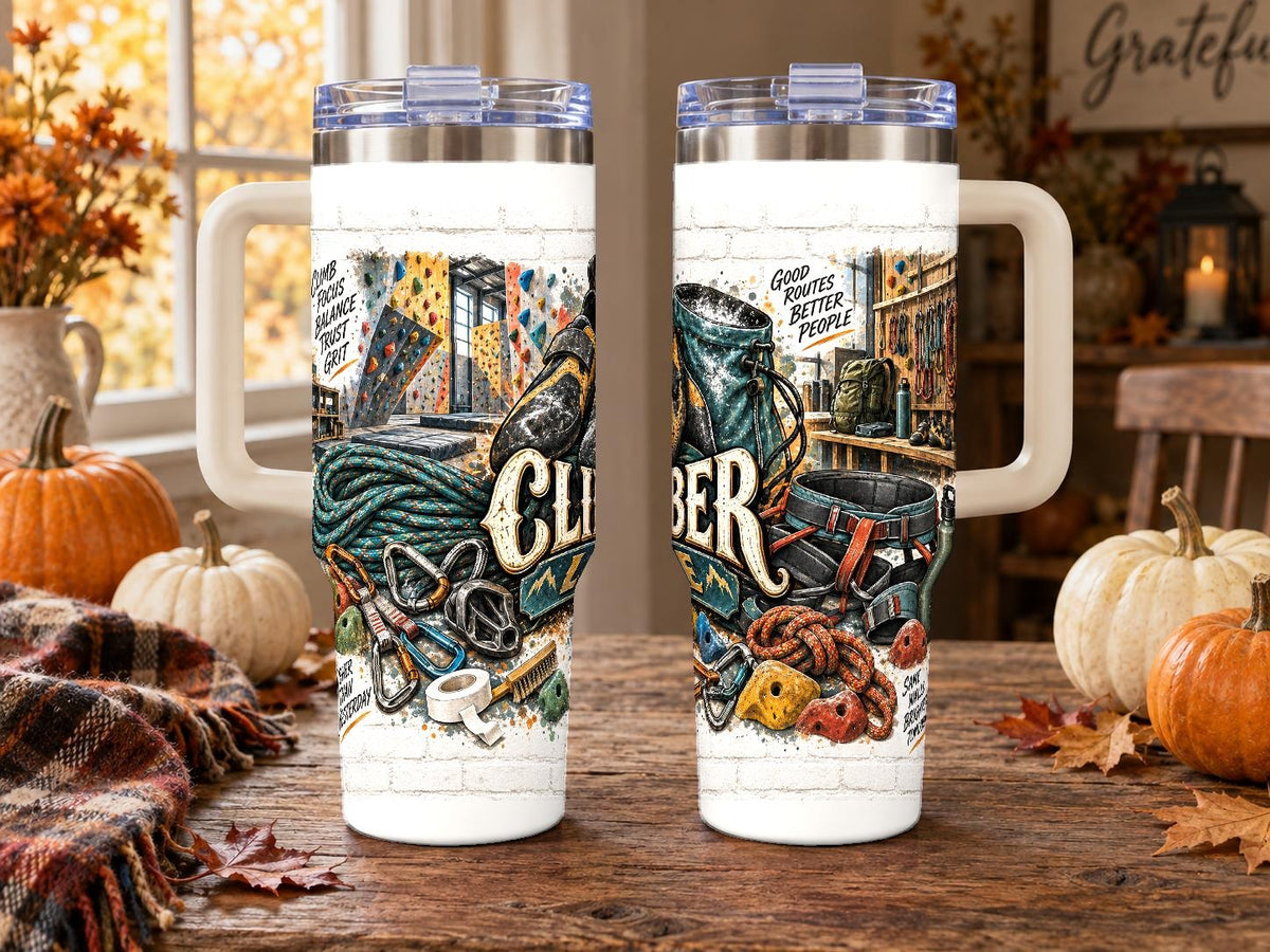 Sport Climbing Gear Collage 40 oz Tumbler with Handle, Reusable Straw