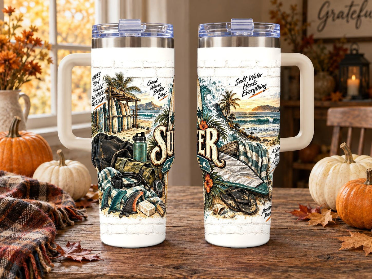 Surfing Gear Collage 40 oz Tumbler with Handle and Straw