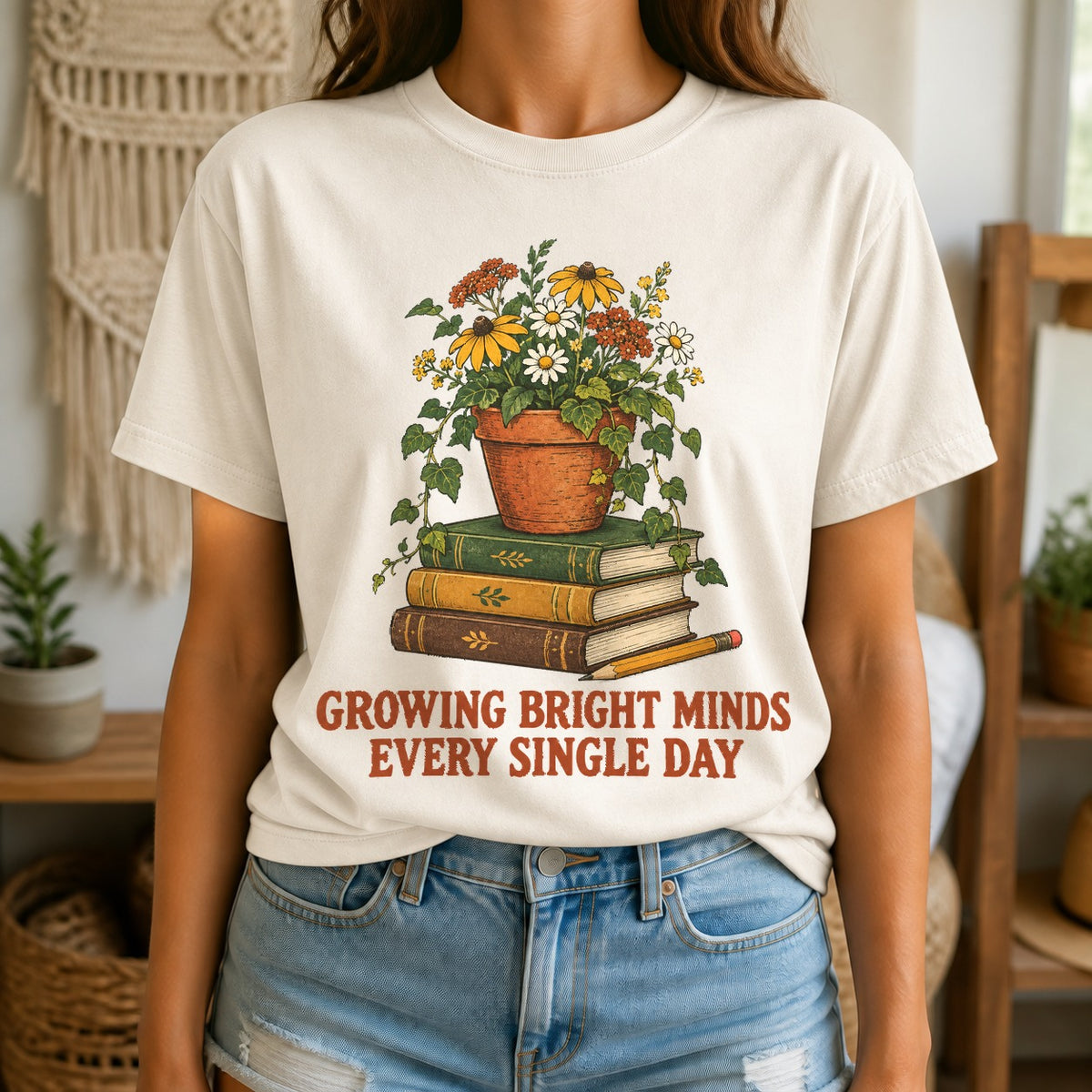 Growing Bright Minds Teacher Comfort Colors T-Shirt, Ivory Cotton Tee