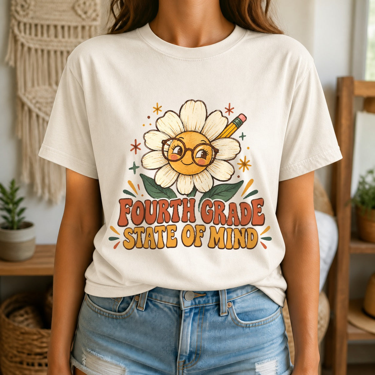 Fourth Grade Teacher Comfort Colors T-Shirt, Groovy Daisy Graphic