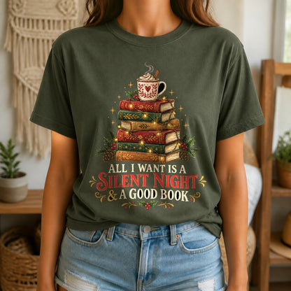 Comfort Colors Book Lover Christmas Graphic T-Shirt, Moss