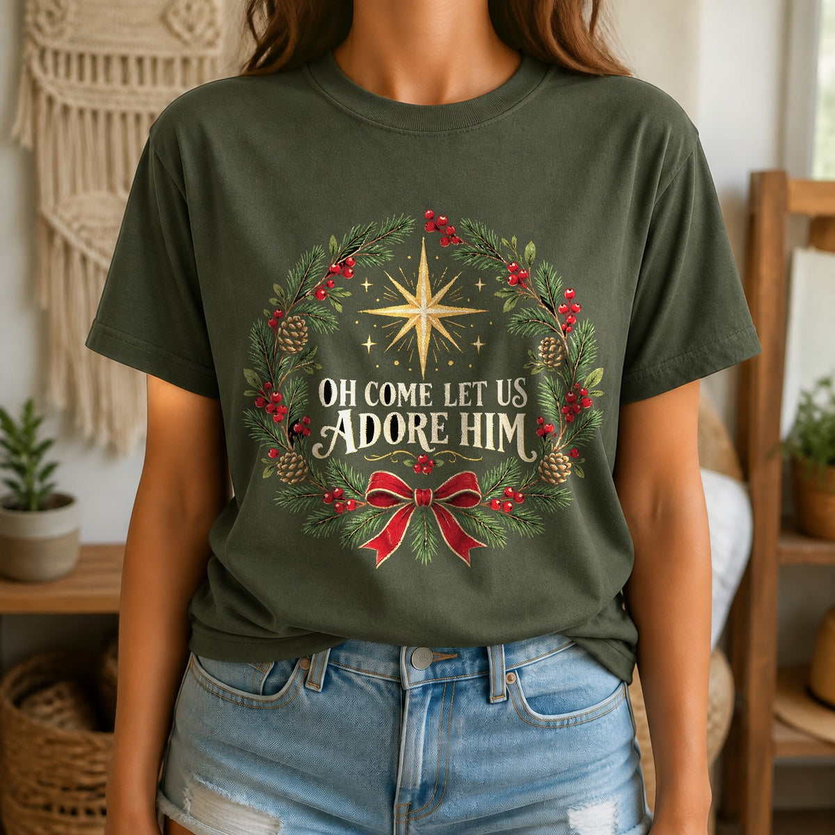 Comfort Colors Adore Him Botanical Wreath Christmas T-Shirt, Moss