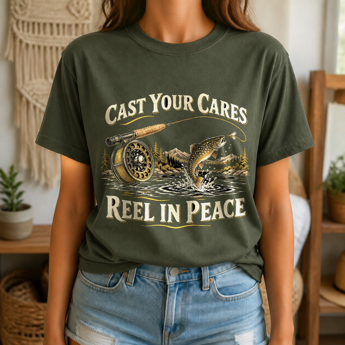 Comfort Colors Cast Your Cares Fly Fishing T-Shirt, Moss Graphic Tee