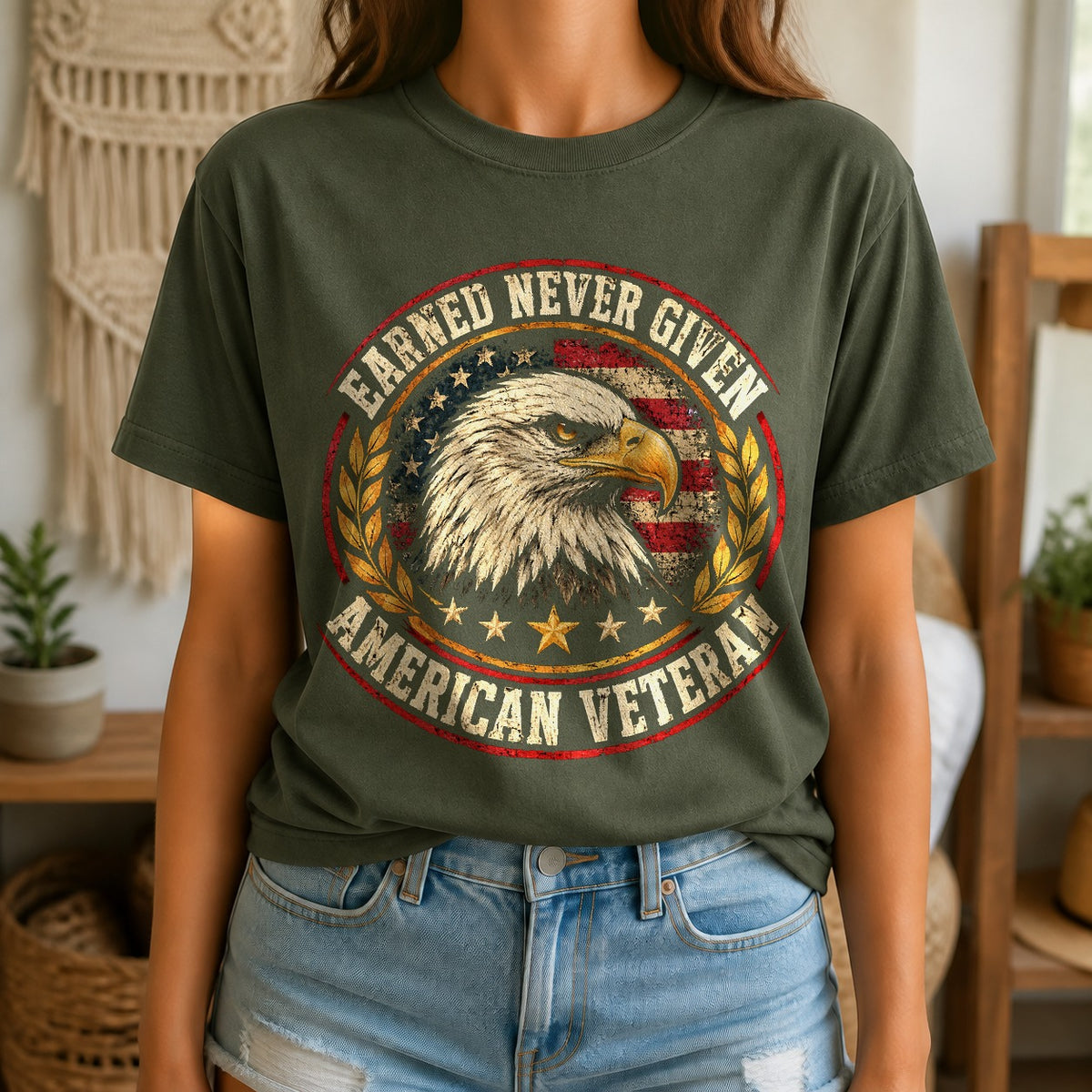 Earned Never Given Veteran Comfort Colors Graphic T-Shirt, Moss